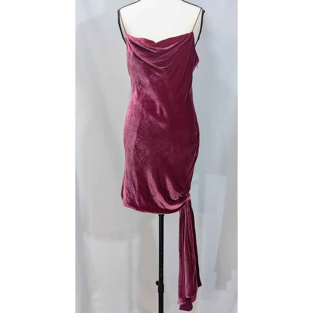 Cinq a Sept Burgundy Velvet Silk Slip Dress Draped Neck‎ Side Sash Tie Size 4